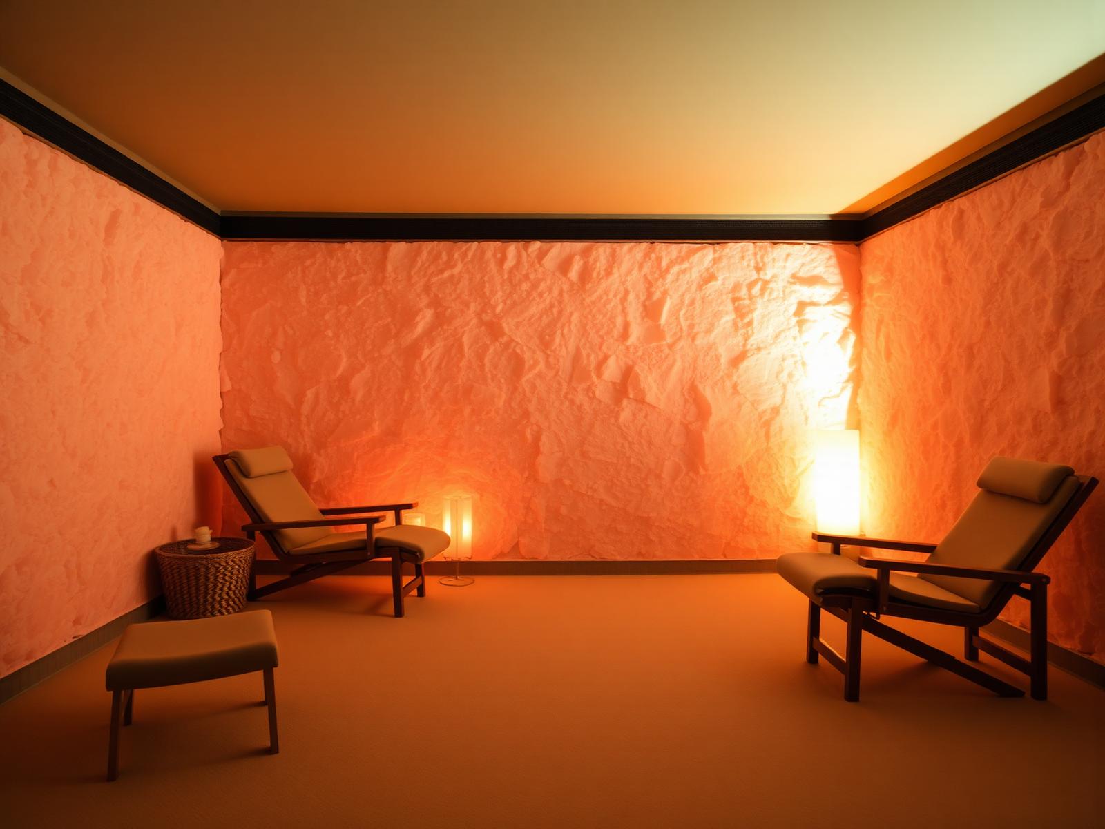 Warm, softly-lit salt therapy room at Salt on Main Wellness Center